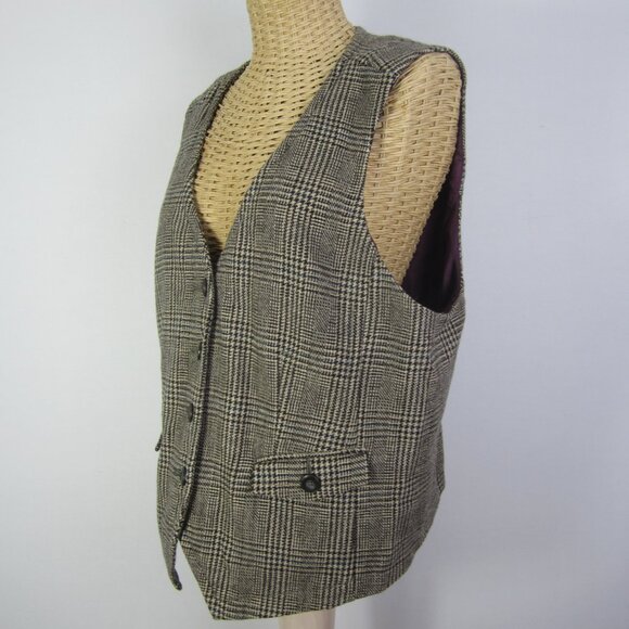 Eddie Bauer Women 18 Black Beige Houndstooth Plaid Wool Sleeveless Button Vest - Picture 2 of 11